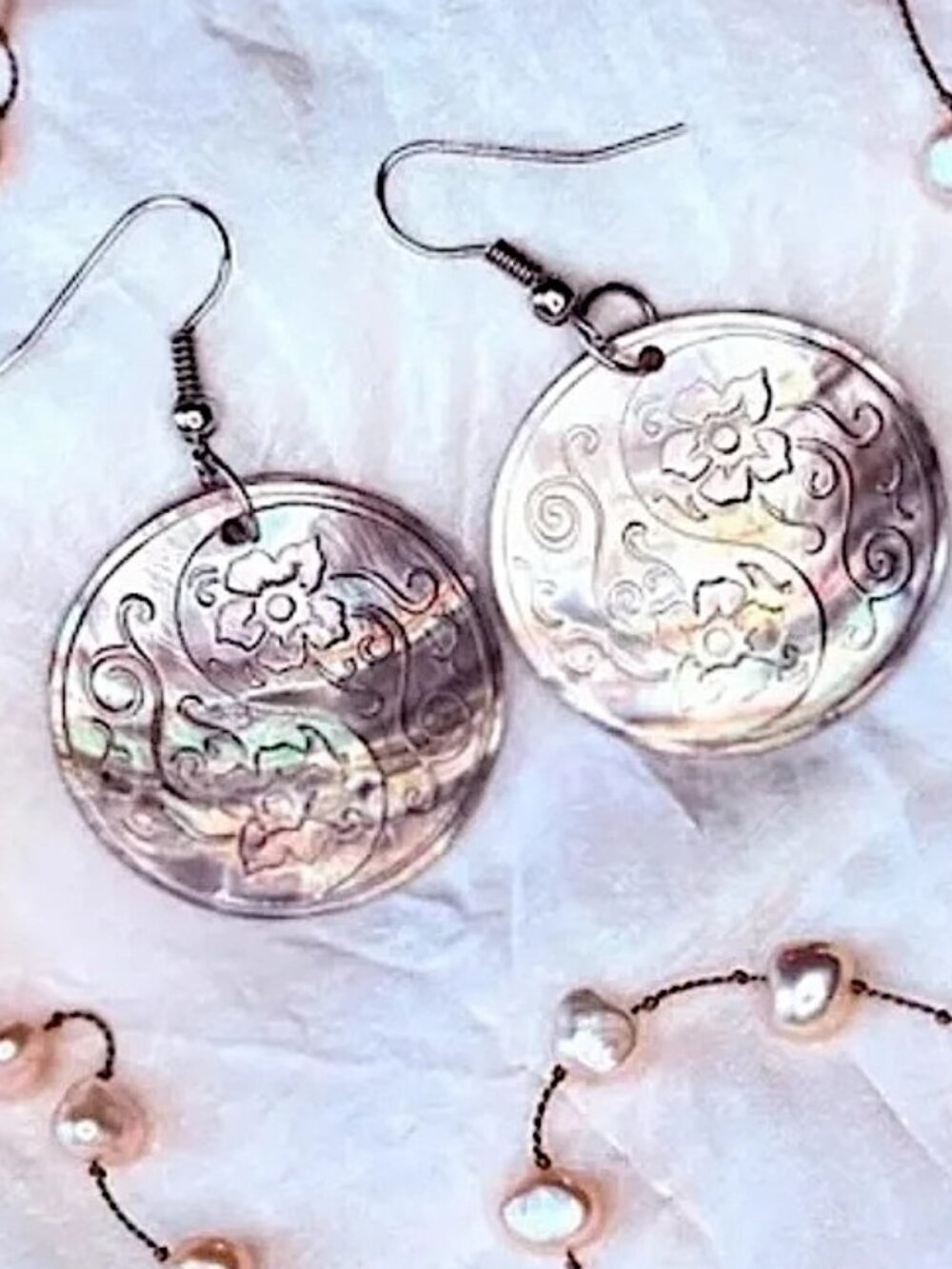 Mother of Pearl Drop Earrings Carved Floral Discs Bridal